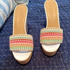 Veronica Beard Dali White Woven Raffia Cork Wedge Sandal